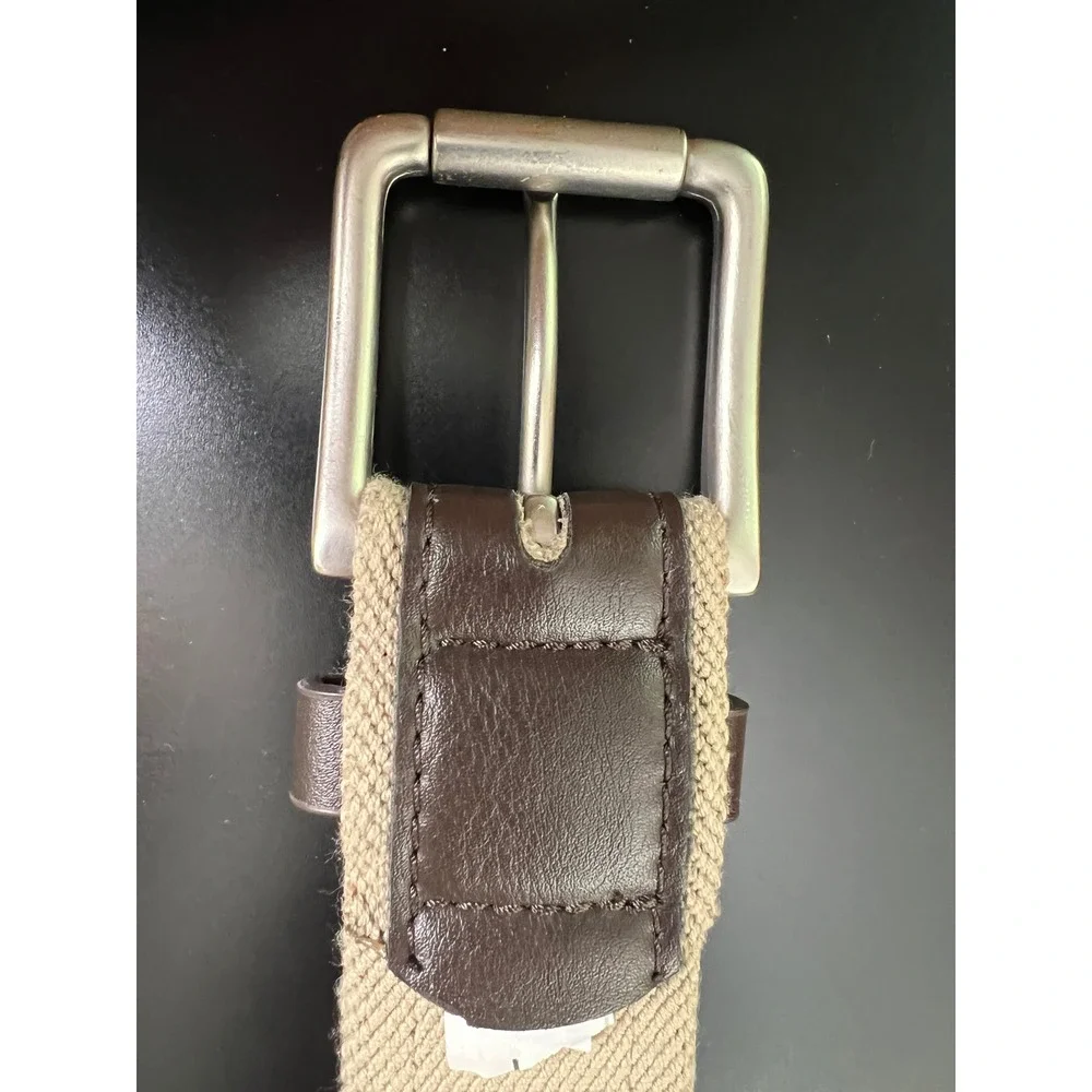 Mens Tan Canvas and Brown Faux Leather Casual Belt Silver Buckle 48‎ Inch Length